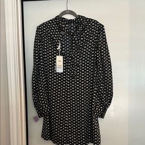 Mango Black and White Mock Neck Bishop Sleeve Dress